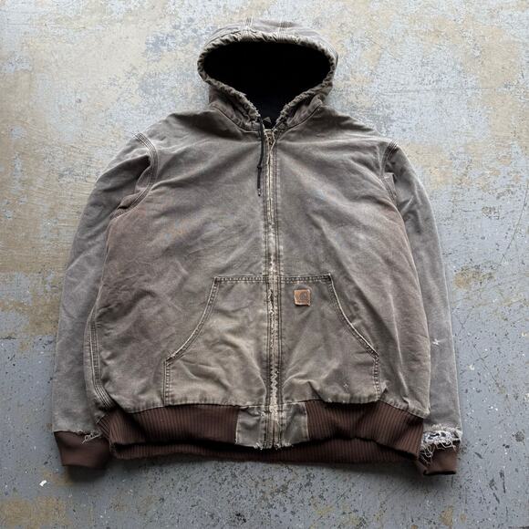 Vintage Carhartt J130 CHT Faded Distressed Brown Hooded Workwear Jacket 2XL Tall - Picture 1 of 9